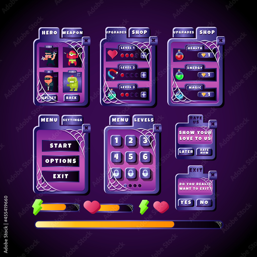 Aufkleber dark scary game ui halloween board pop up interface collection set with progress bar and panel