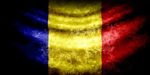 Romania wavy flag in grunge style with darkened edges. Aged texture