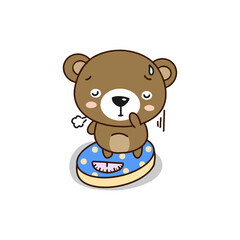 Cute  bear weighed on the scales. Cute cartoon character.