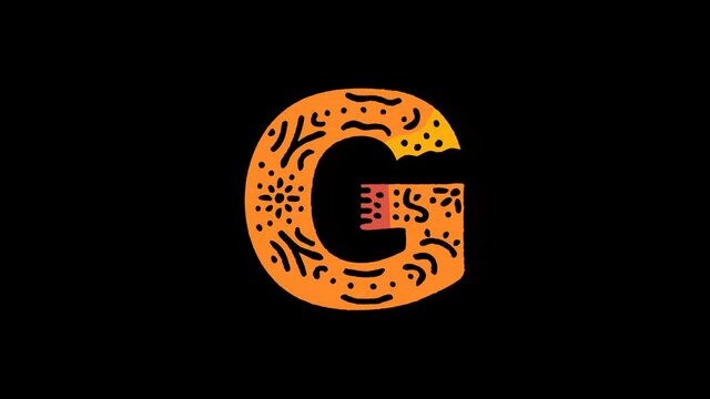Letter G. 4K, Transparent Alpha channel. Cartoon Animation, Shake twitch effect. Ethnic ornament, national folk pattern in letter. 3 colors. Capital Letter G for ABC education, erudition, game.