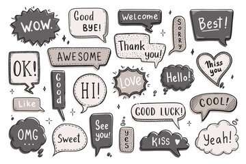 Comic speech bubble set with dialog word hi, ok, bye, welcome. Hand drawn sketch doodle style. Vector illustration speech bubble chat, message element.