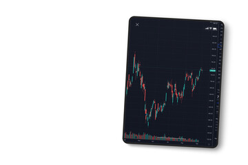 Financial stock market graph on the tablet screen on white background. Top view. Stock Exchange.