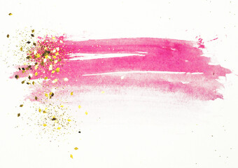 Abstract pink watercolor splash and golden glitter in vintage nostalgic colors