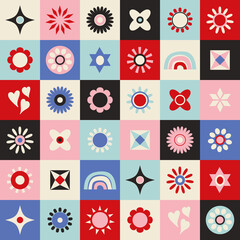 Retro abstract vector pattern background. Fun vector element with flowers, rainbows, and decorative details. 