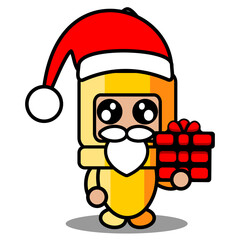 vector cartoon character cute gun bullet doodle mascot costume wearing santa hat and holding gift