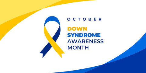 Down syndrome awareness month. Vector web banner, background, poster, card for social media, networks. Text down syndrome awareness month, october with blue and yellow ribbon. - obrazy, fototapety, plakaty