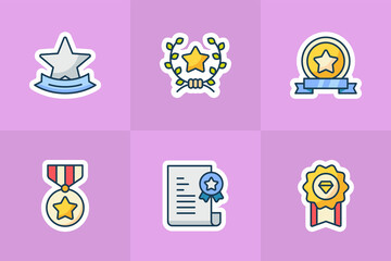 award and medal icons set collection package blue isolated background with modern cartoon flat style