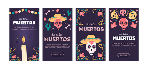 Set of social media posters or vertical cards with sugar skulls. Mexican national holiday Day of the dead. Festive templates for Dia de los muertos decorated with Calavera Catrina. Vector illustration
