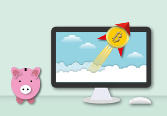 Bitcoin shaped like a rocket launch from computer screen with pink piggy bank on a pastel green background as metaphor for bitcoin growth or mining, space for the text, paper cut design style.