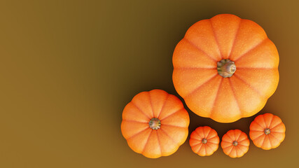 Bright five autumn pumpkins on a solid background top view flatlay render 3d