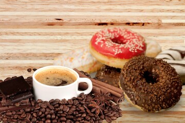 A cup of aromatic black coffee on the table. Morning breakfast still life.