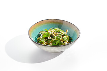 Chinese smashed cucumber with greens and sesame oil. Healthy vegetarian green salad with cracked cucumber and fresh green leaf. Healthy salad recipes concept. Salad bowl isolated on white background.