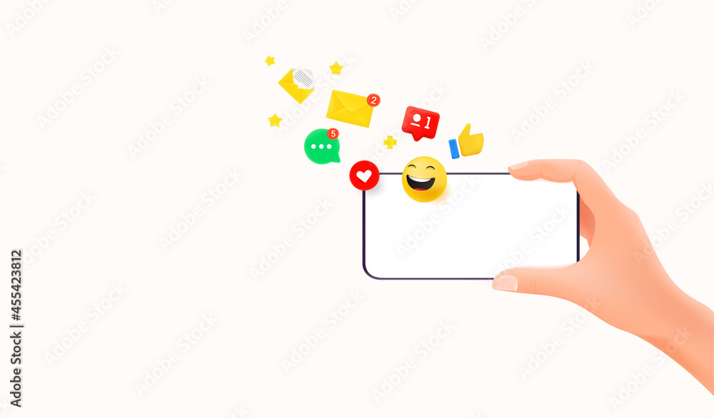 Poster Modern mobile phone with notifications. Horizontal banner with copy space