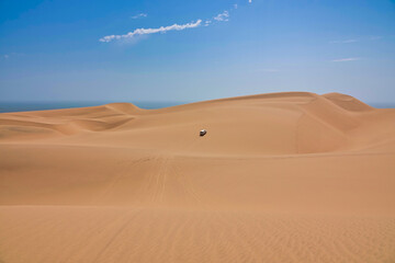 Fototapeta na wymiar A white jeep driving in the yellow sand dunes. The Namib Desert on the Atlantic coast.