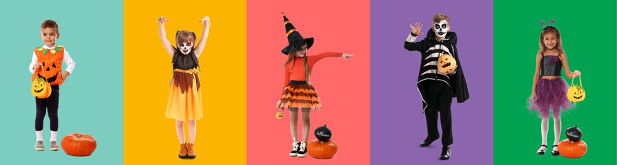 Little children in Halloween costumes on color background