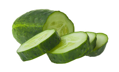 Green sliced cucumbers isolated on white background.