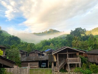 Morning atmosphere, a small village in the middle of the valley on a high mountain of the villagers of Ban Piang Jai, Thailand