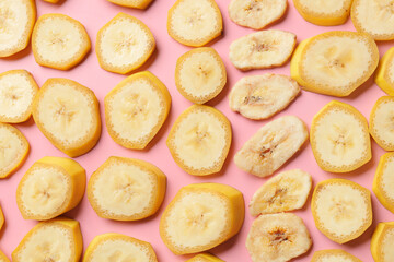 Banana pieces on color background. Concept of uniqueness