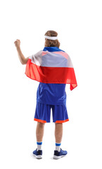 Male cheerleader with flag on white background