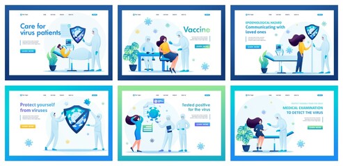 Obraz na płótnie Canvas Collection of landing pages about medicine. Doctors are fighting for the lives of coronavirus patients. Examination and treatment of patients