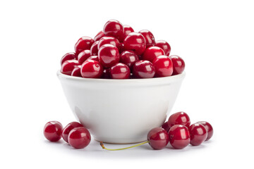 cherries berries in ceramic bowl isolated on white background