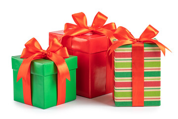 green and red gift box with a ribbon and a bow isolated.