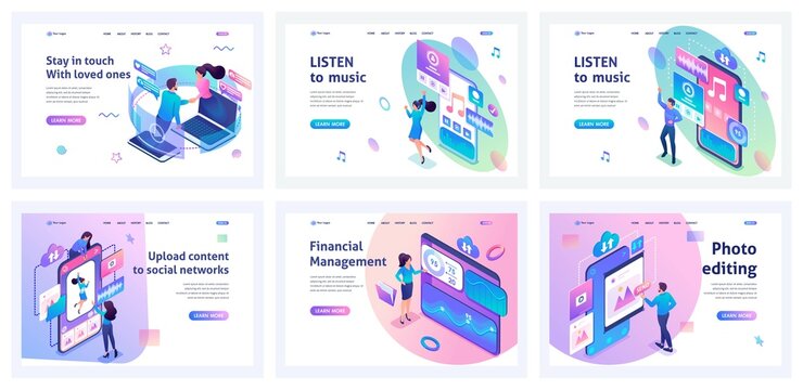 Collection of landing pages. Men and women communicate online, create social networks, listen to music, process photos. Mobile apps. Isometric characters