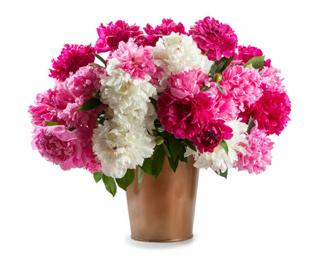 bouquet of white, pink and red peonies in a copper bucket isolated on white background