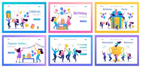 Collection of illustrations for the Birthday celebration. Dancing people celebrating birthdays, men and women at parties, having fun. Christmas trees, toys, gifts. landing page