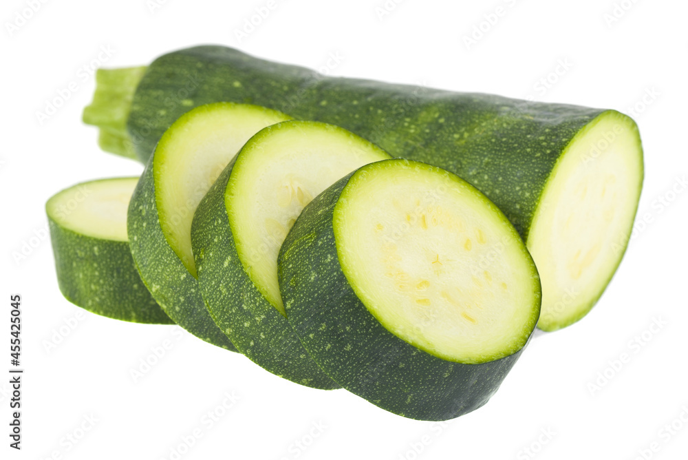 Poster sliced zucchini isolated on white background.