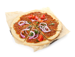 Delicious Turkish pizza on white background