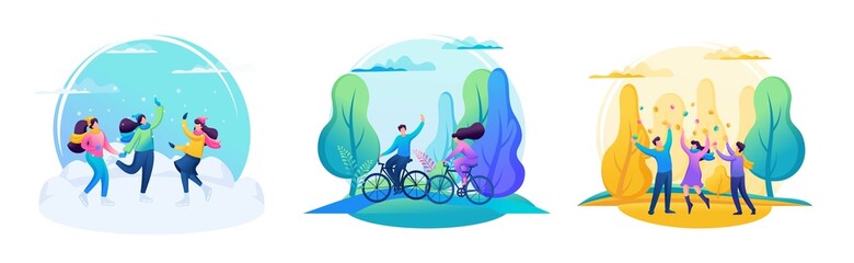 Fototapeta premium Friends have fun in nature at different times of the year, in summer, winter, autumn, spring. 2D Characters