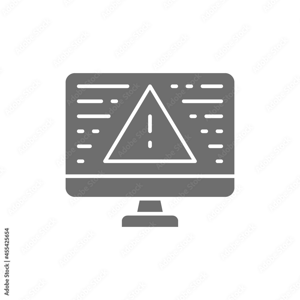 Poster desktop computer with warning sign, screen error, notification grey icon.