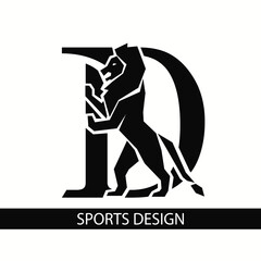 Letter D with Lion. Sporty Design. Creative Black Logo with Royal Character. Animal Silhouette. Stylish Template for Brand Name, Sports Club, Business Cards, Printing on Clothing. Vector Illustration
