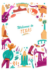 Texas poster with icons set. Traditional symbols, full color vector illustrations.