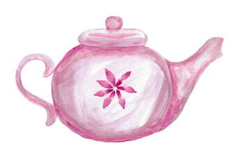 watercolor pink teapot for design, decoration,
 isolated on a white background, hand drawn