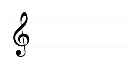 Musical notation with lines and treble clef on a white background. Template for teaching and recording melodies, compositions. 