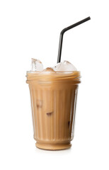 Glass of iced coffee with milk on white background