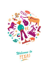 Welcome to Texas poster with icons set. Traditional symbols, full color vector illustrations.