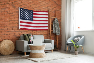 Interior of stylish living room with USA flag