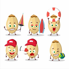 Happy Face pine nuts cartoon character playing on a beach