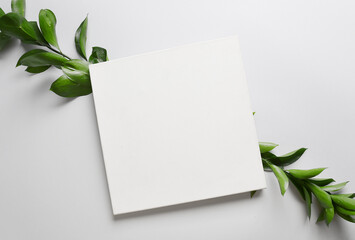 Blank poster and plant branches on light background