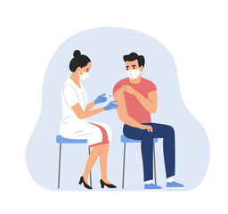 Woman in face mask getting vaccinated against Covid-19. Vector illustration