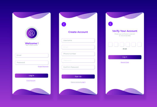 Login and signup mobile app UI kit template with wavy purple gradient effects