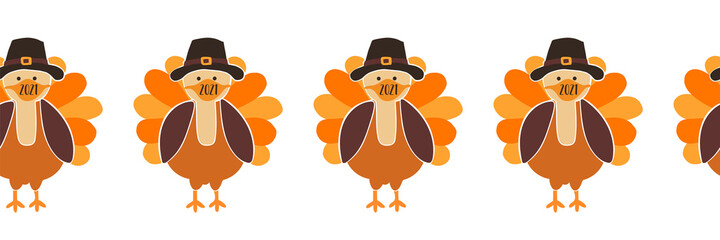 Thanksgiving Turkey wearing a face mask Seamless Vector Border. Turkeys wearing Coronavirus pattern design. Covid 19 virus autumn art for Holiday 2021 decoration, invitation, greeting card, face mask.