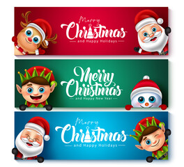 Christmas characters vector banner set. Merry christmas greeting text with santa claus, reindeer, elf and snow man character for xmas holiday card design. Vector illustration.
