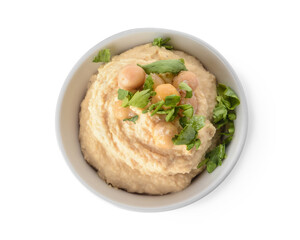 Bowl with tasty hummus on white background