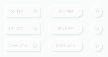 Vector modern neomorphic buttons set. White minimal buttons in neomorphism soft 3D style.