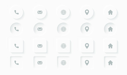 Vector modern neomorphic icon set. White minimal buttons in neomorphism soft 3D style.