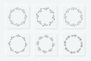 Wedding invitation floral frames set. Set of 6 hand drawn decorative floral wreaths. Vector circular wreaths and leaves compositions